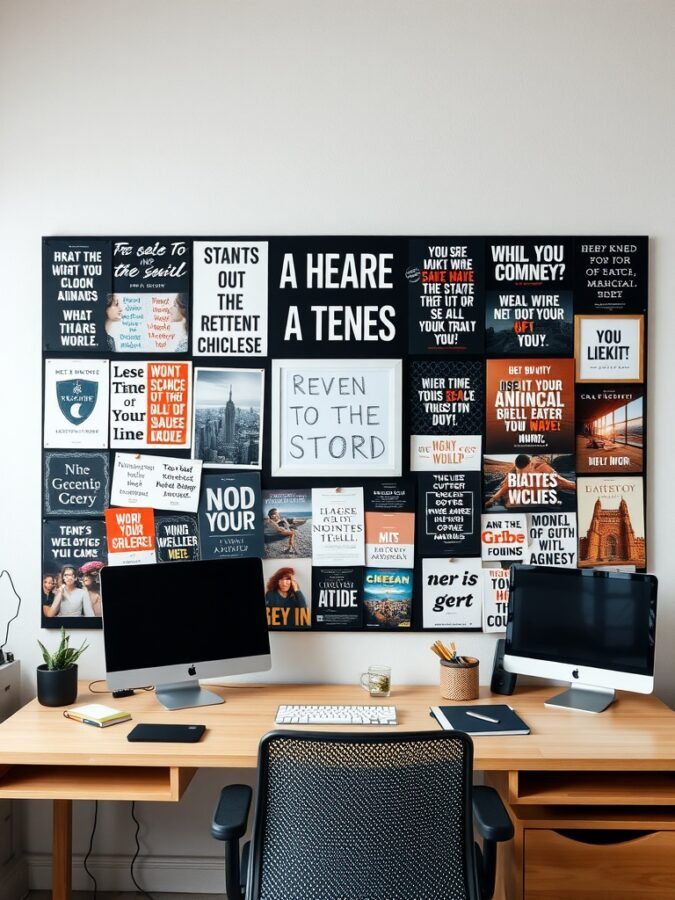 A colorful vision board filled with motivational quotes and images, displayed in a home office setting.
