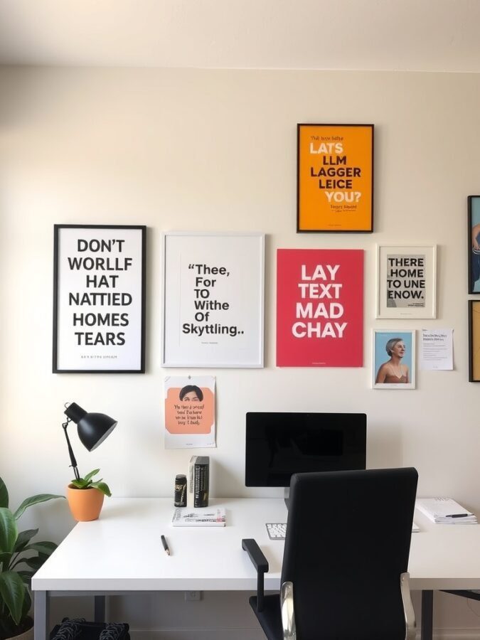 A stylish home office with inspiring wall art featuring various framed prints and a modern desk setup.