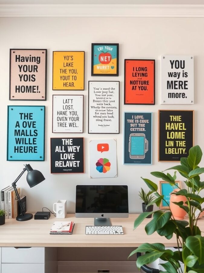 A collection of colorful wall art pieces with motivational phrases in a home office setting.