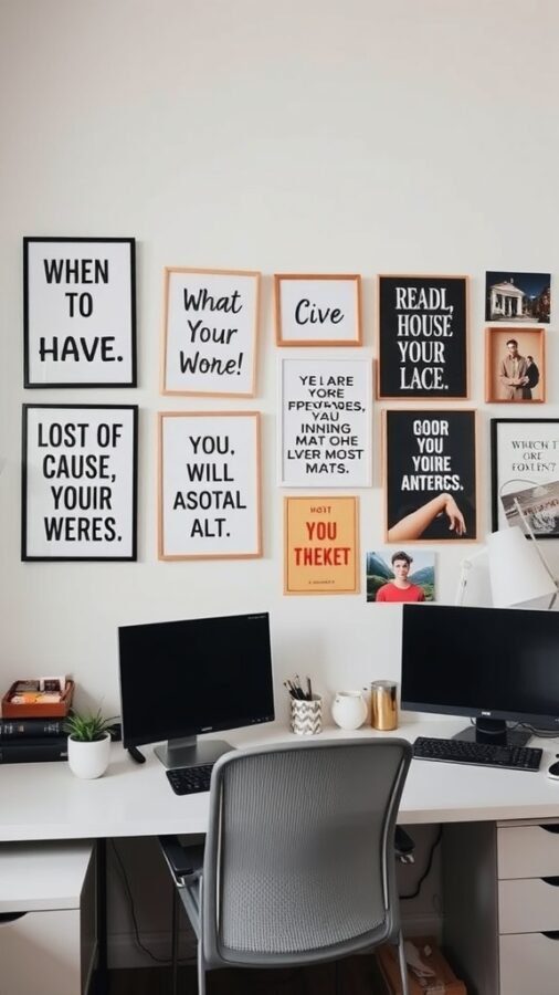 21 Creative Home Office Ideas to Boost Your Productivity 2 A home office wall featuring various framed art pieces with motivational quotes and personal touches.