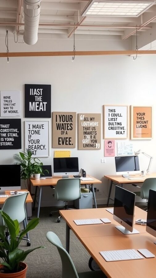 23 Creative Home Office Ideas for Shared Workspaces 12 A shared office space with motivational wall art and plants, featuring various creative phrases.