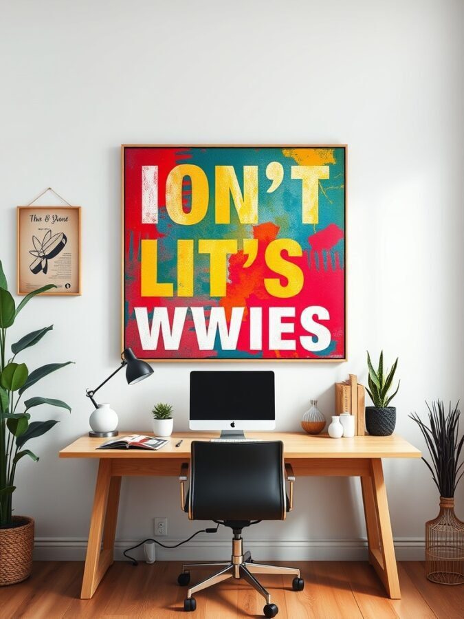 A colorful wall art piece with bold text in a home office setting.