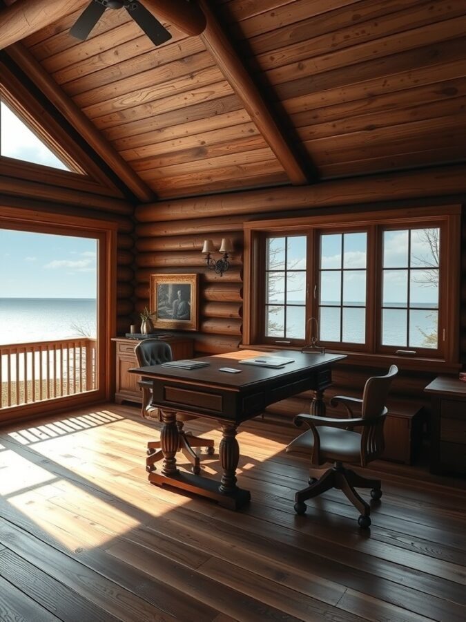 A cozy lakeside cabin office with wooden beams, a desk, and large windows overlooking the lake.