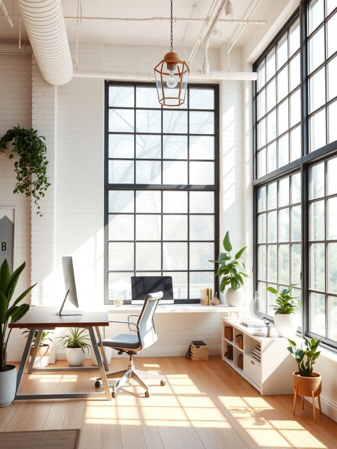 A bright home office with large windows, a wooden desk, and plants.