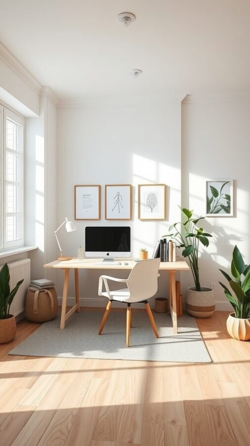 A minimalist home office featuring a lightweight desk and chair, plants, and natural light.