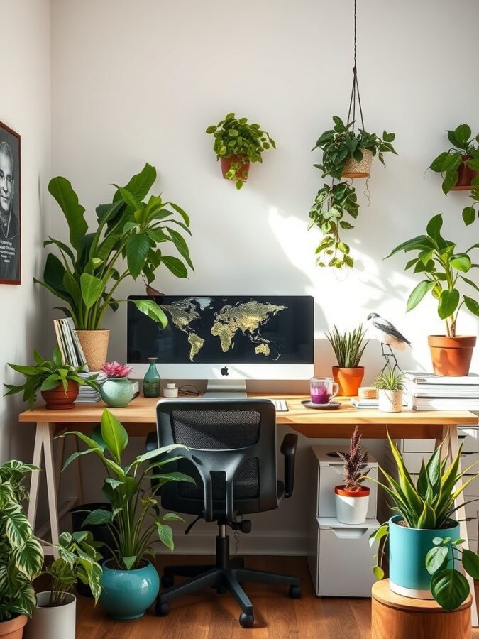 A bright home office with various indoor plants, a wooden desk, and a modern computer setup.