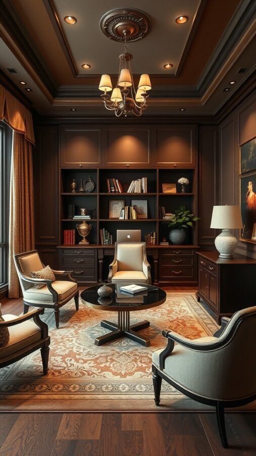Luxurious home office with elegant furniture, warm lighting, and a sophisticated atmosphere.