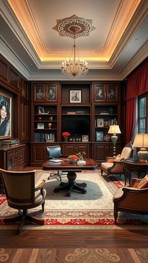 Luxurious home office with wooden furniture, chandelier, and decorative bookshelves