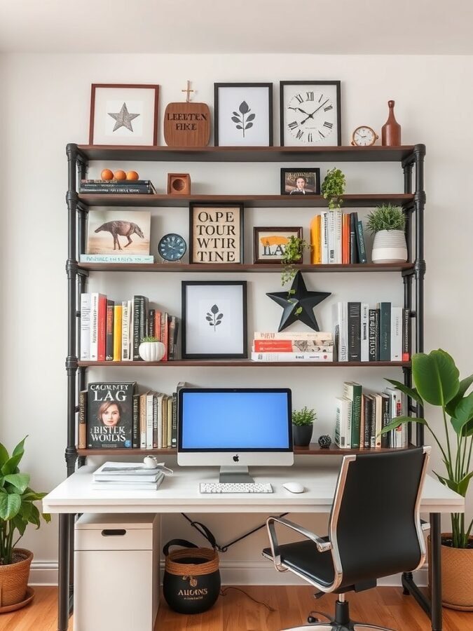 A home office with metal pipe shelving displaying books, plants, and decorative items.