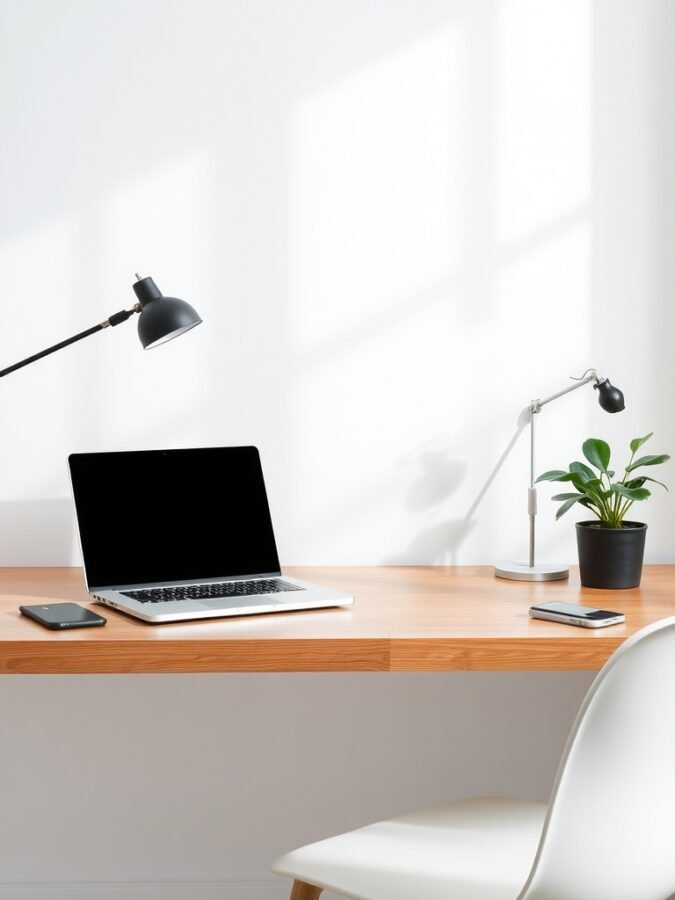 A minimalist desk setup featuring a laptop, smartphone, and a small potted plant on a wooden desk.