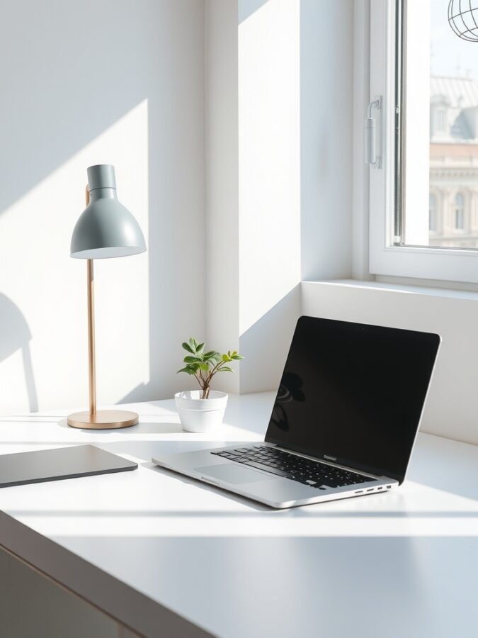 A minimalist desk setup featuring a laptop, a lamp, and a small plant by a window.
