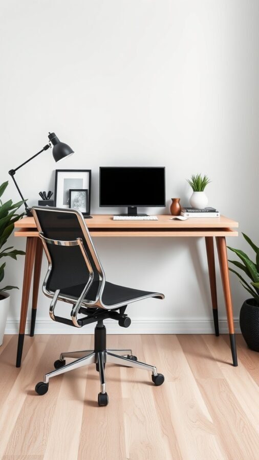 19 Inspiring Home Office Ideas You Need to Try 1 A minimalist desk setup featuring a wooden desk, a computer monitor, a desk lamp, and plants.