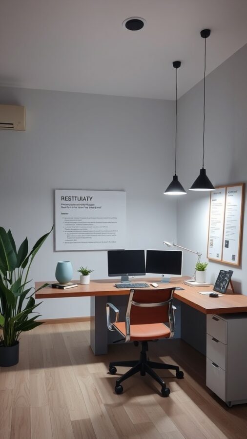 A minimalist home office featuring modern pendant lights, a wooden desk, and plants.