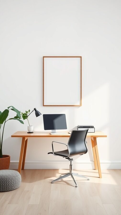 A minimalist home office featuring a desk, a computer, and a blank frame on the wall.