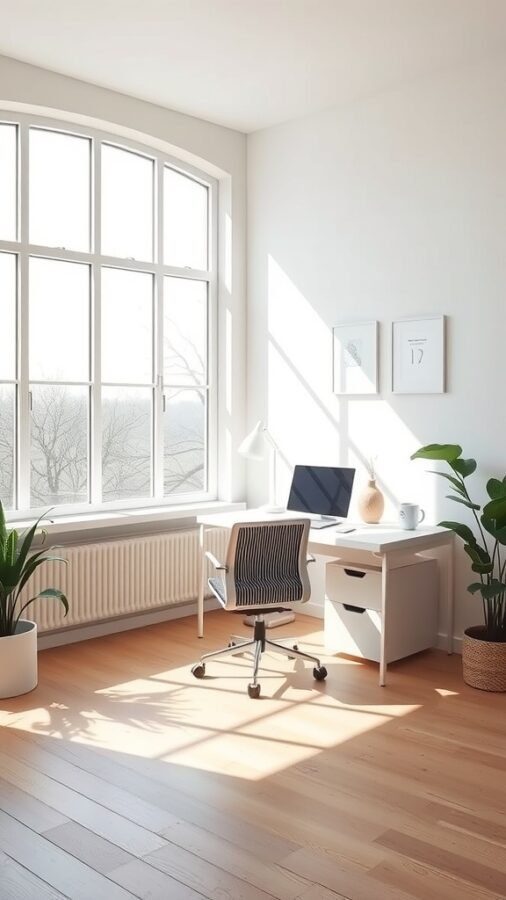 A minimalist home office with a desk, chair, and large windows letting in natural light.