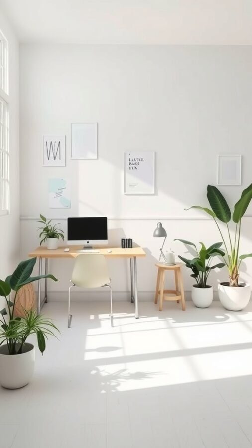 A minimalist home office with a desk, computer, and plants, featuring a bright and airy atmosphere.
