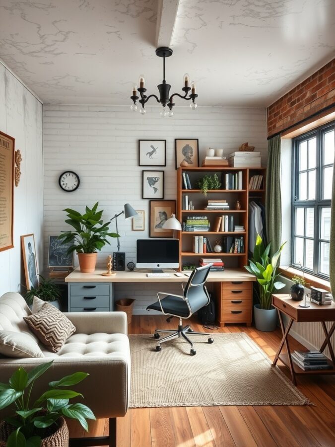 A stylish home office featuring a mix of modern and vintage elements, with a desk, ergonomic chair, plants, and vintage decor.