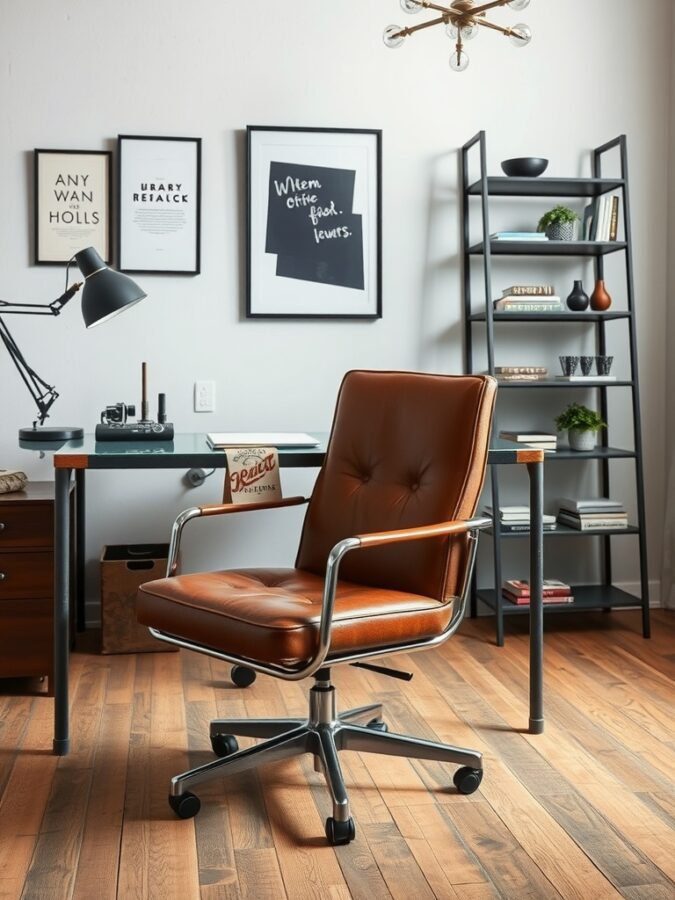 A stylish home office featuring a leather chair, metal desk, and industrial decor.