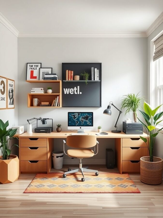 A cozy home office with a wooden desk, computer, plants, and decorative items.
