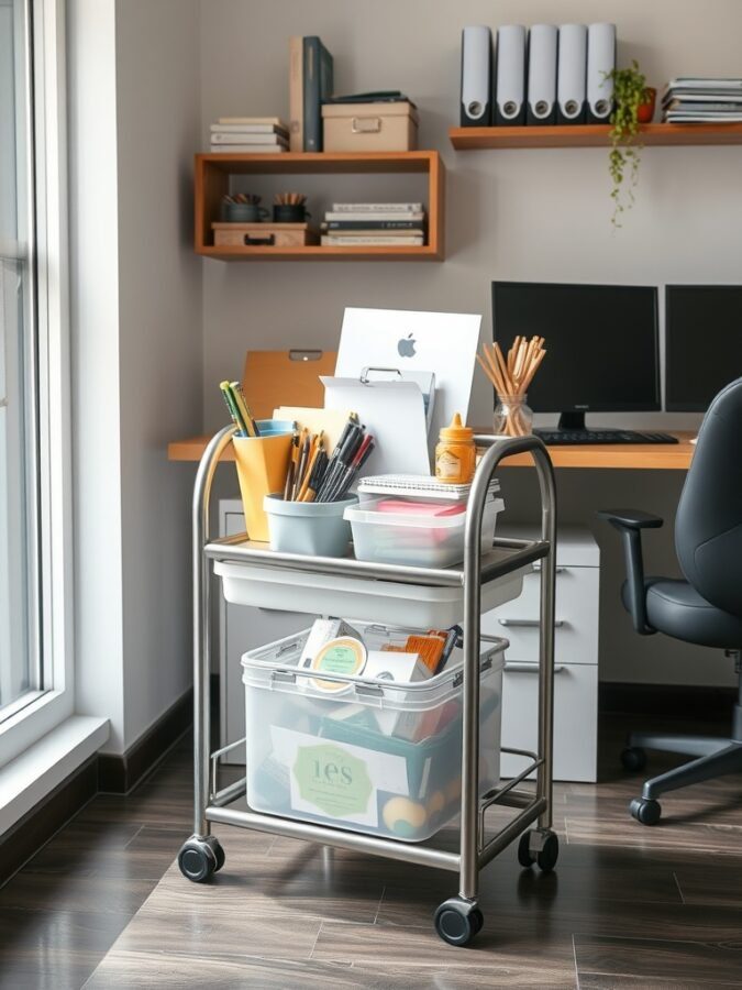25 Smart Storage Solutions for a Stylish Home Office 7 A mobile storage cart in a home office with office supplies organized on it.