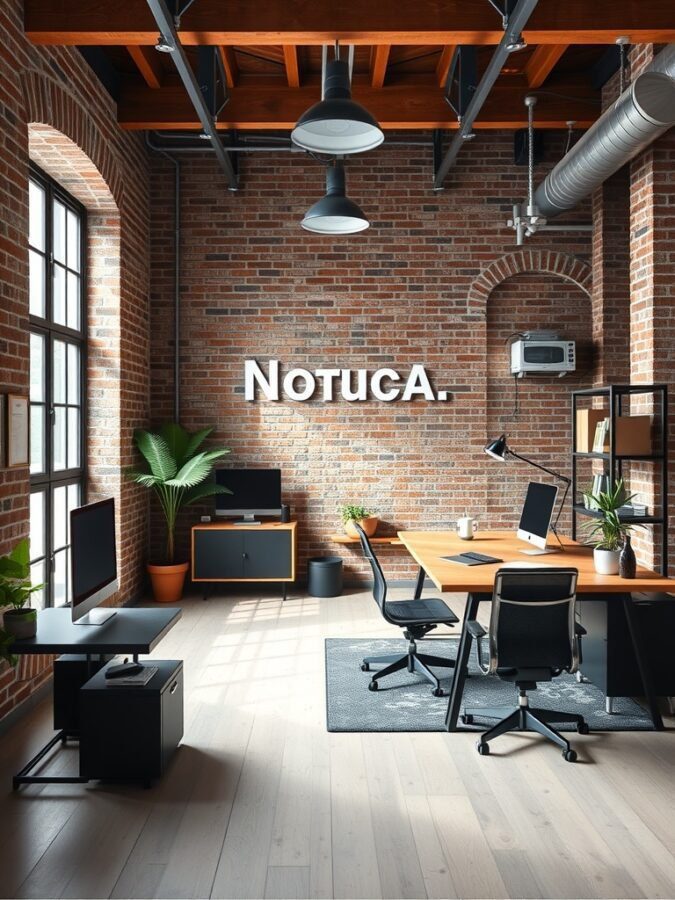 A modern industrial office with exposed brick walls, wooden beams, and minimalistic furniture.