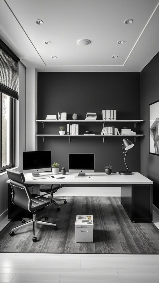 A modern monochrome workspace featuring a black wall, white desk, two computers, and minimal decor.