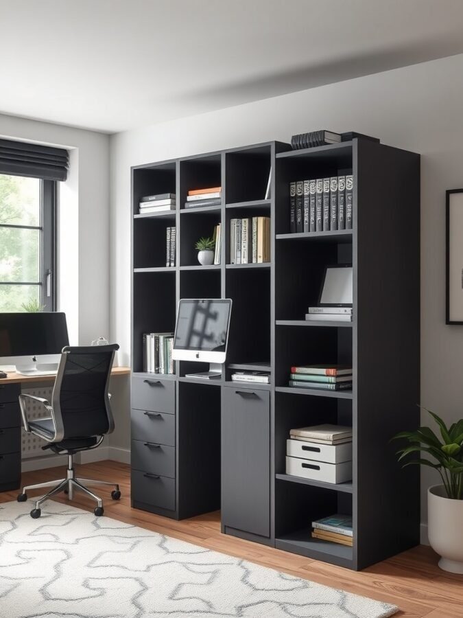 25 Smart Storage Solutions for a Stylish Home Office 17 A modern home office featuring a modular storage unit with open shelves and drawers, a desk with a computer, and a comfortable chair.