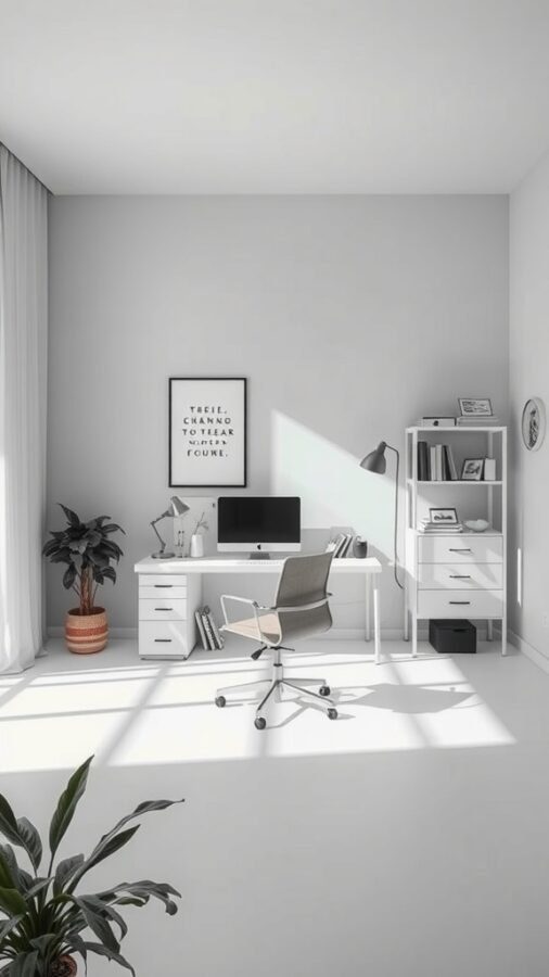 A minimalist home office featuring a gray color scheme, a sleek desk, a computer, and a potted plant.