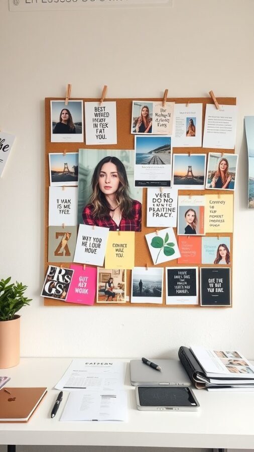 21 Creative Home Office Ideas to Boost Your Productivity 11 A mood board with photos, quotes, and colorful cards pinned to a corkboard, showcasing a personal and creative workspace.