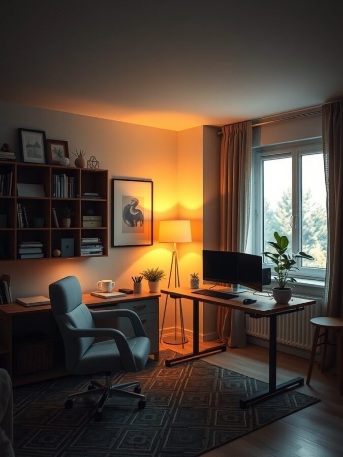 Cozy home office with warm lighting, a desk, and plants.