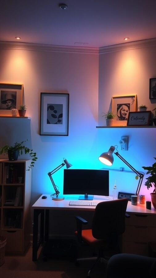 19 Inspiring Home Office Ideas You Need to Try 16 A modern home office with mood lighting, featuring a desk, computer, and decorative plants.