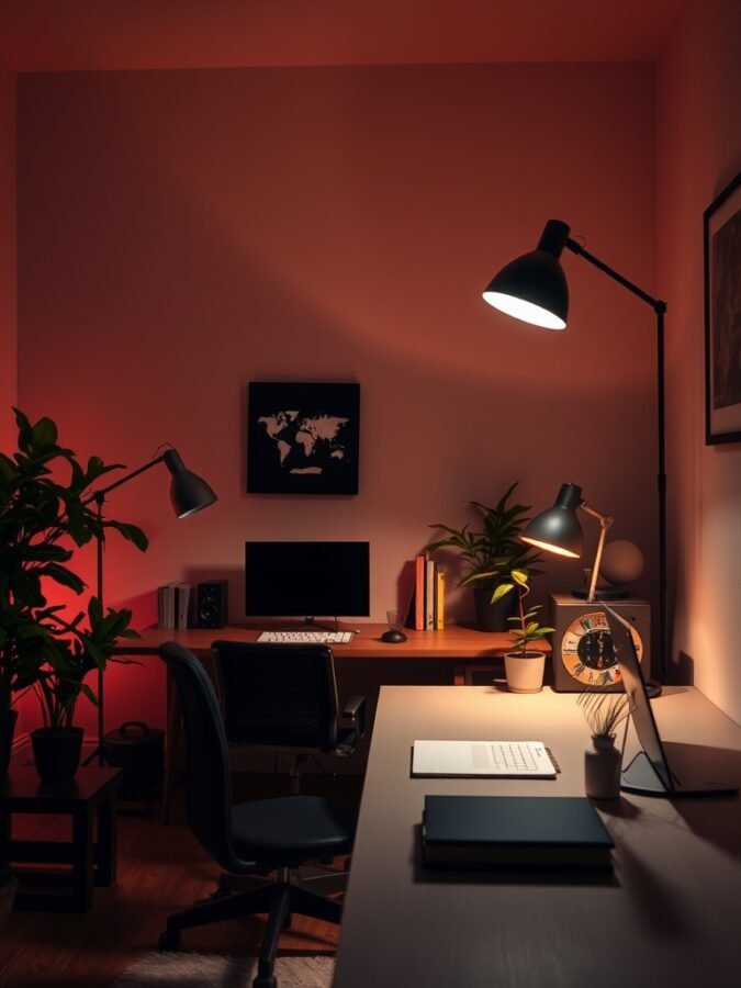 Cozy home office with warm lighting, plants, and a desk setup.