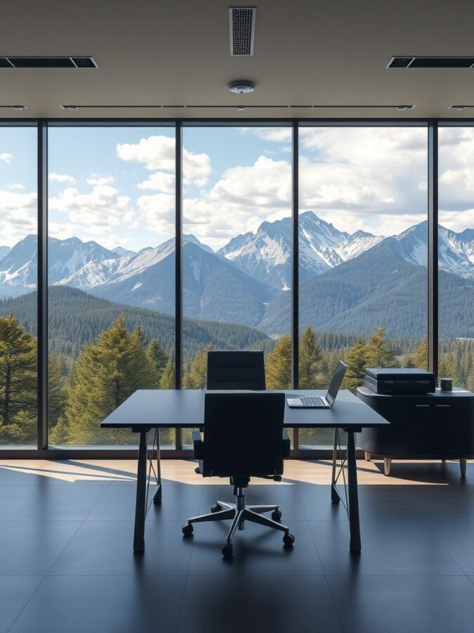 A modern office space with large windows showcasing a mountain view, featuring a desk, chair, and laptop.