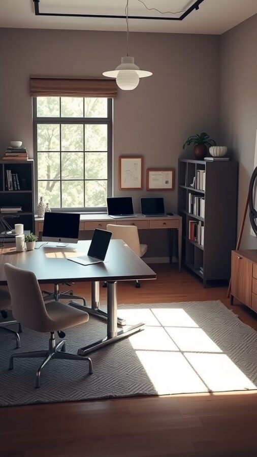 A minimalist home office featuring a central desk, modern chairs, shelves, and natural light.