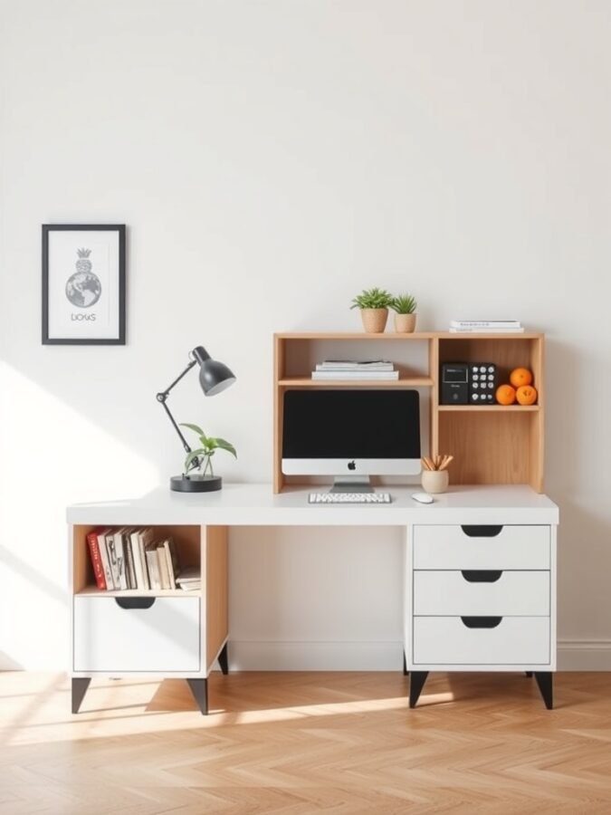 25 Smart Storage Solutions for a Stylish Home Office 4 A modern home office setup featuring a sleek desk with storage drawers, a computer, and decorative plants.