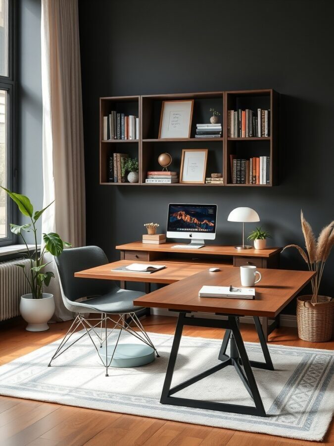A modern home office featuring a wooden desk, stylish chair, and wall-mounted shelves, showcasing multi-functional furniture.
