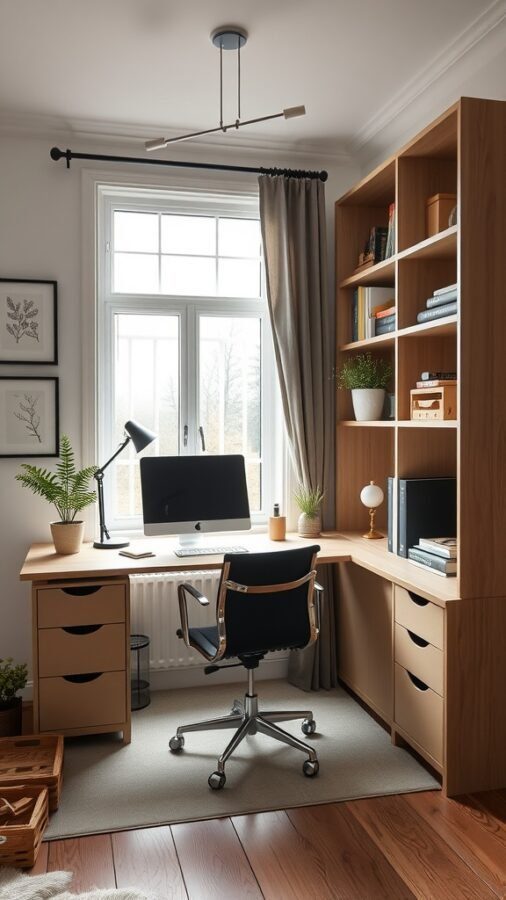 21 Creative Home Office Ideas to Boost Your Productivity 7 A modern home office with a corner desk, comfortable chair, and natural light from a large window.