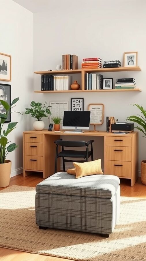 A cozy home office with a desk, computer, and multi-functional ottoman.