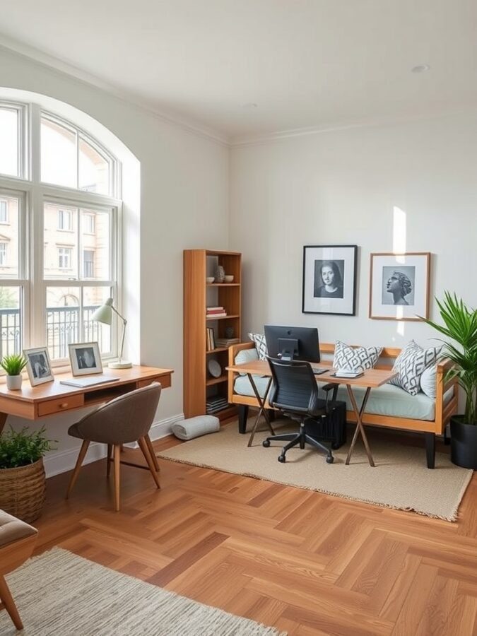A multi-functional home office space featuring a desk and a cozy seating area.