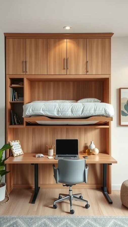 A modern home office featuring a Murphy bed that folds down from the wall, with a desk and chair set up underneath.