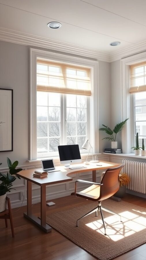 A bright home office with large windows, a wooden desk, and plants, emphasizing natural light.