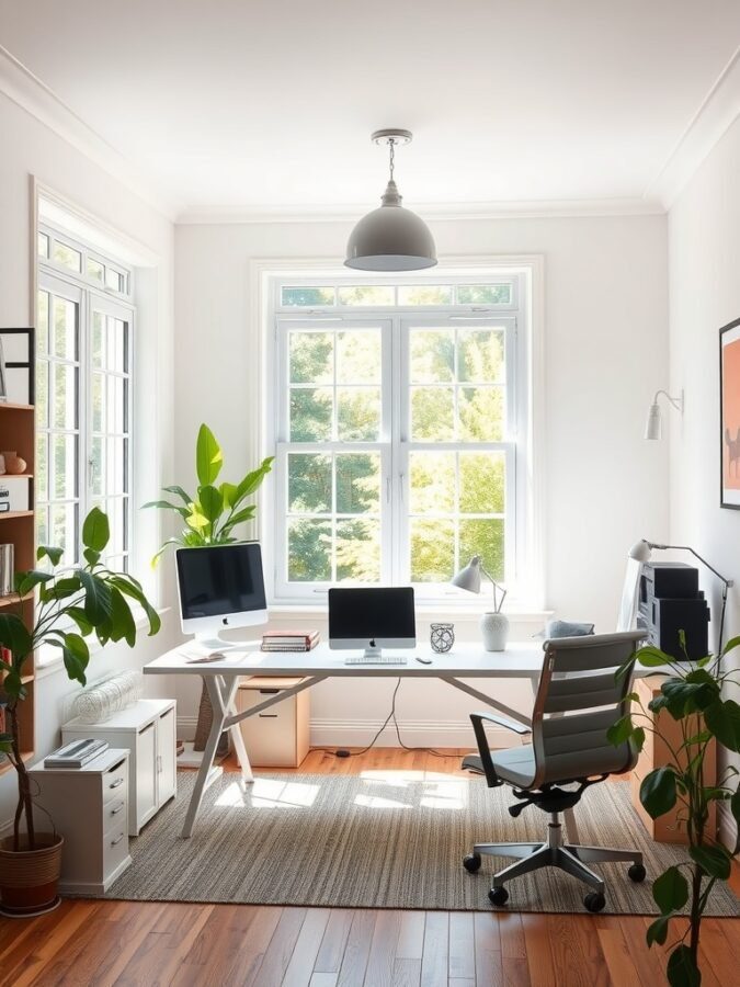 A bright home office with large windows, plants, and a modern desk setup.