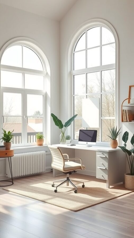 19 Inspiring Home Office Ideas You Need to Try 14 A bright home office with large windows, a desk, and plants.