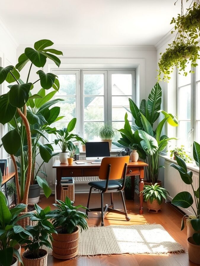 A bright home office filled with various plants, featuring a wooden desk and a modern chair.