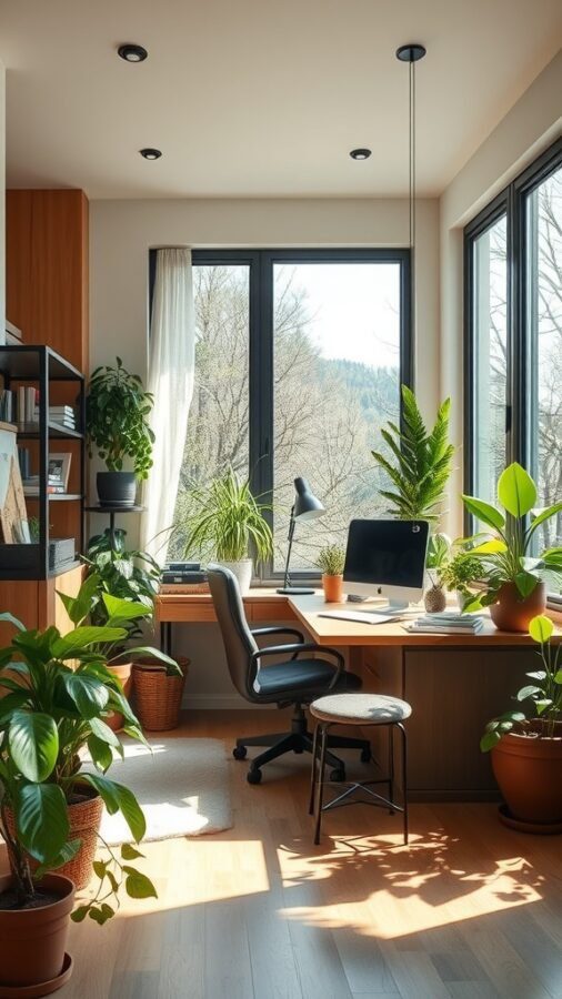 A bright home office with large windows, plants, and a wooden desk.