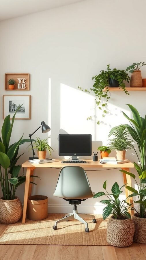 A bright home office with a wooden desk, computer, and various potted plants creating a nature-inspired workspace.