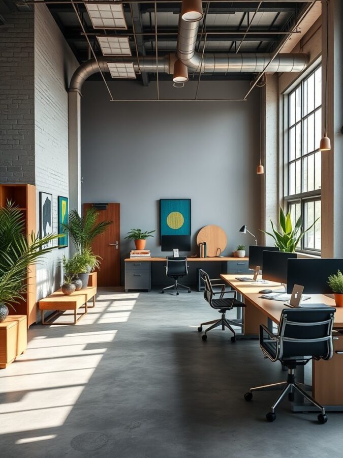 A modern home office featuring a neutral color palette with bold accents, showcasing large windows, plants, and industrial elements.