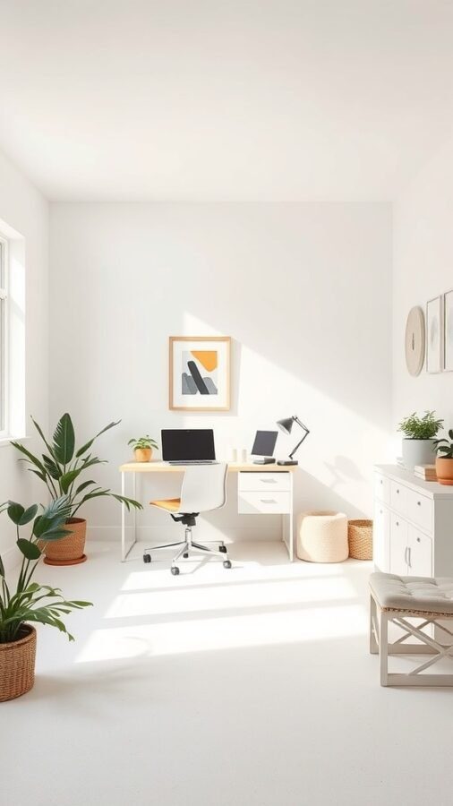 A minimalist home office with a neutral color palette, featuring a desk, plants, and natural light.