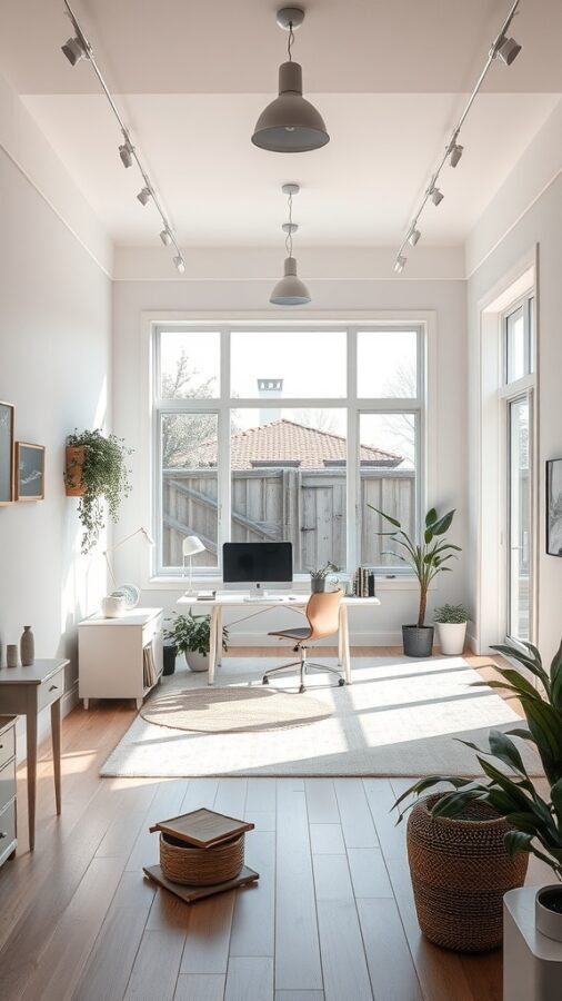 A bright and airy home office with large windows, minimalist furniture, and plants.