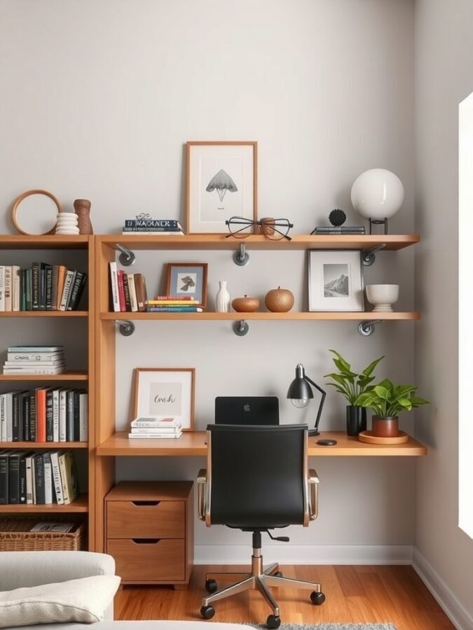 Home office with open shelving and metal accents, featuring a wooden desk, books, and decorative items.